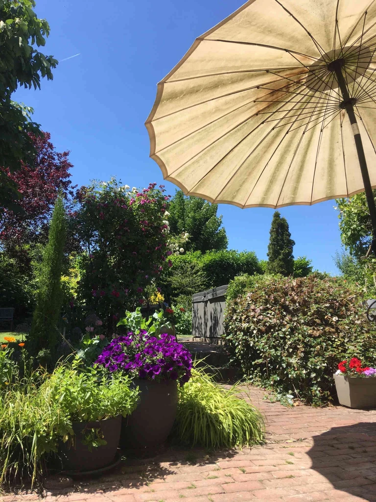 Vue depuis l'ombre du parasol sur le coin détente et le jacuzzi extérieur
